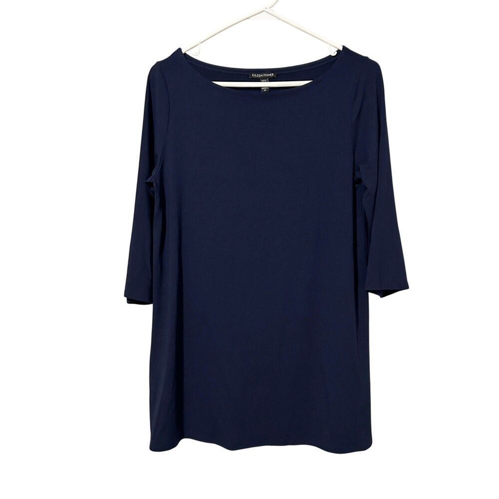 Eileen Fisher Tunic Top Navy Blue Boat Neck Jersey Knit Slit Blouse Small
